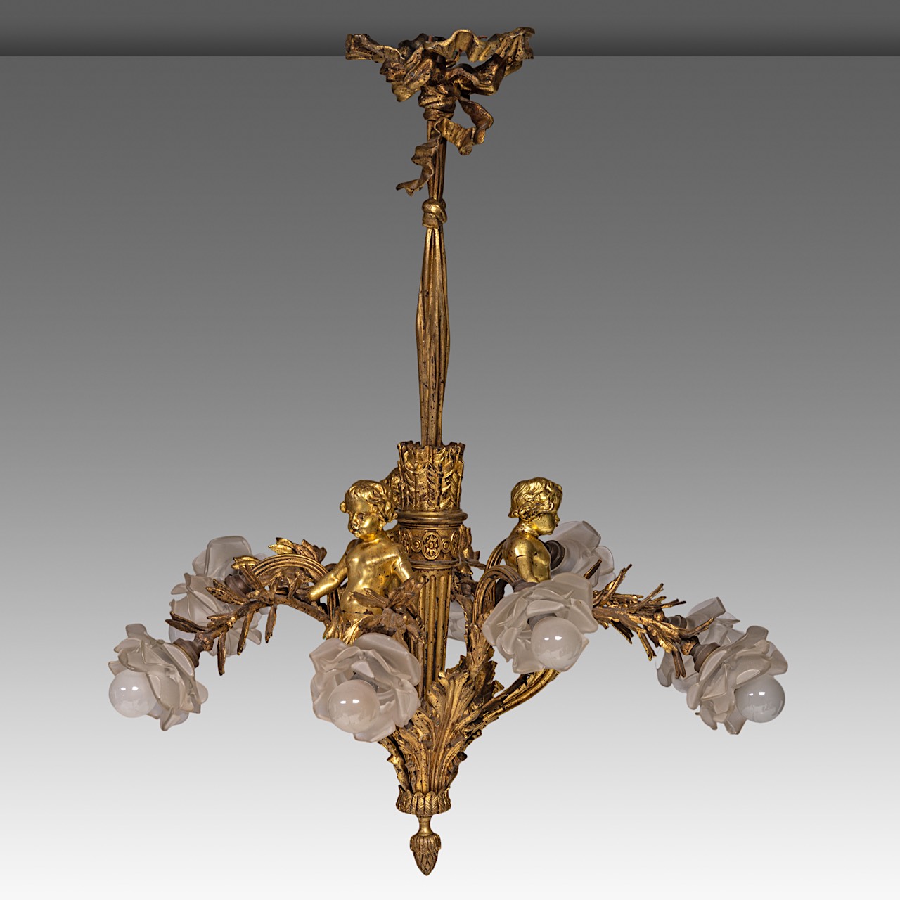 A Neoclassical gilt bronze chandelier, decorated with putti, H 80 cm - Image 5 of 7