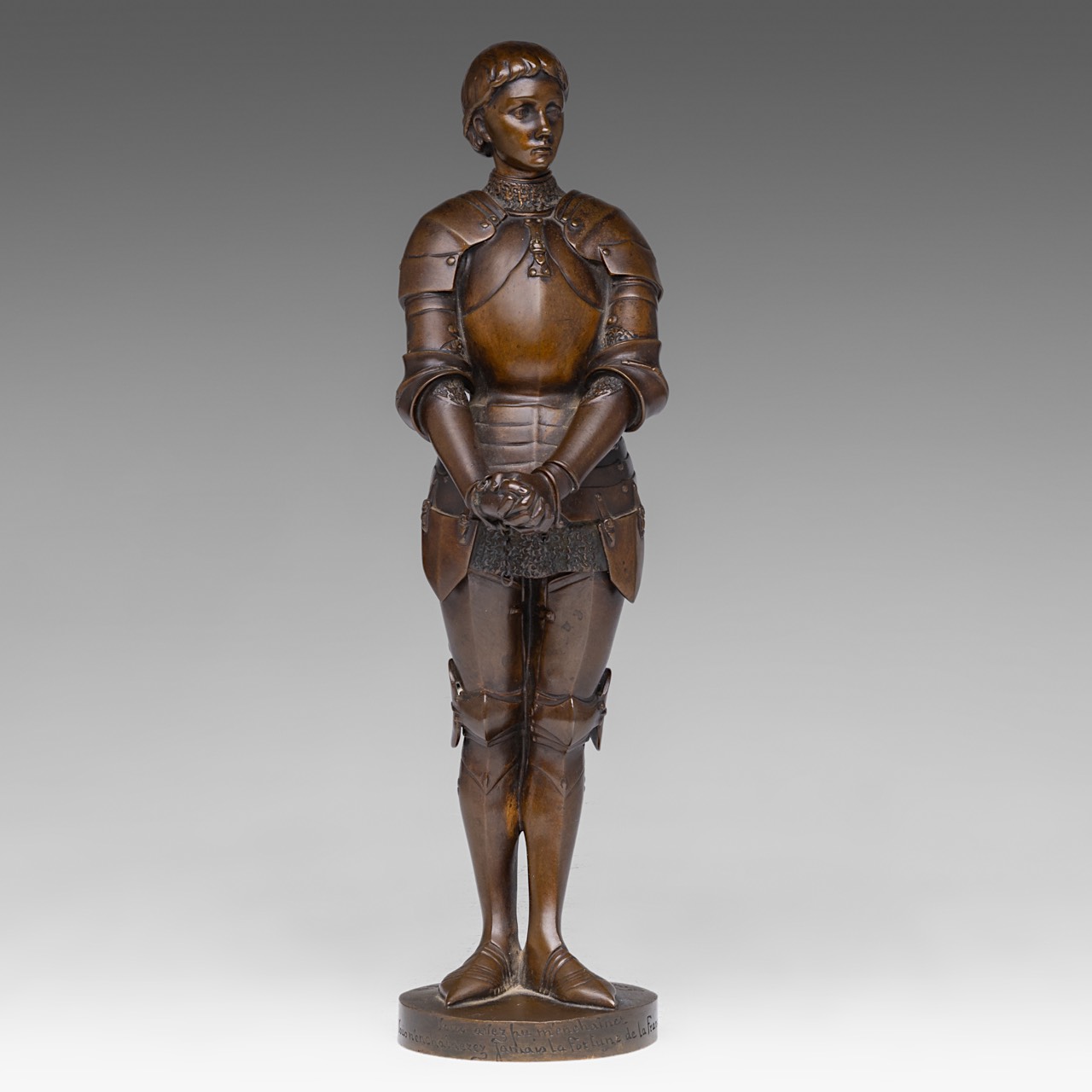 Louis Ernest Barrias (1841-1905), Jeanne d'Arc, patinated bronze, Susse Freres edition, H 31 cm - Image 2 of 11