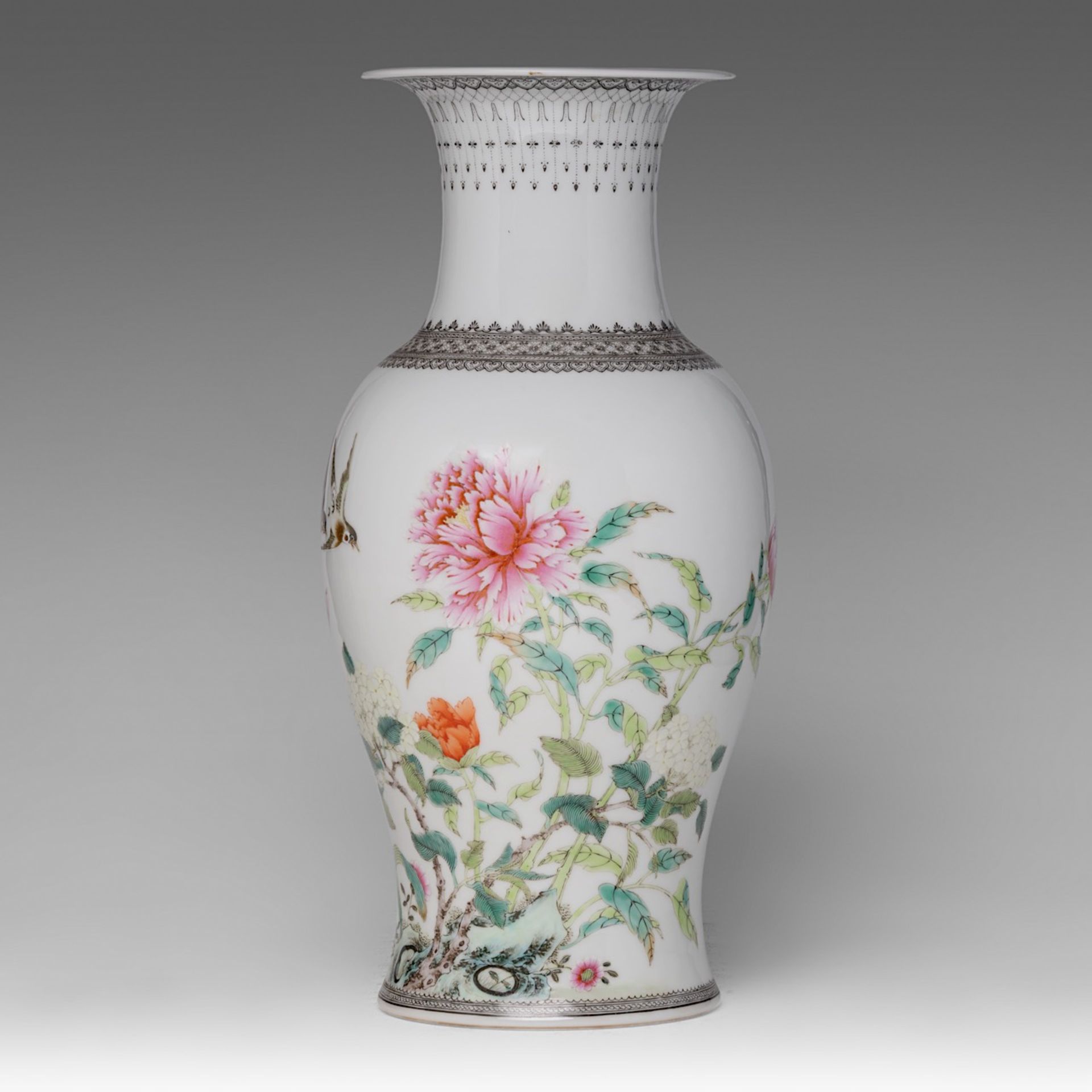 A Chinese famille rose 'Magpies in a Lotus Garden' vase, the back with a signed text, 20thC, H 41,3 - Image 2 of 6
