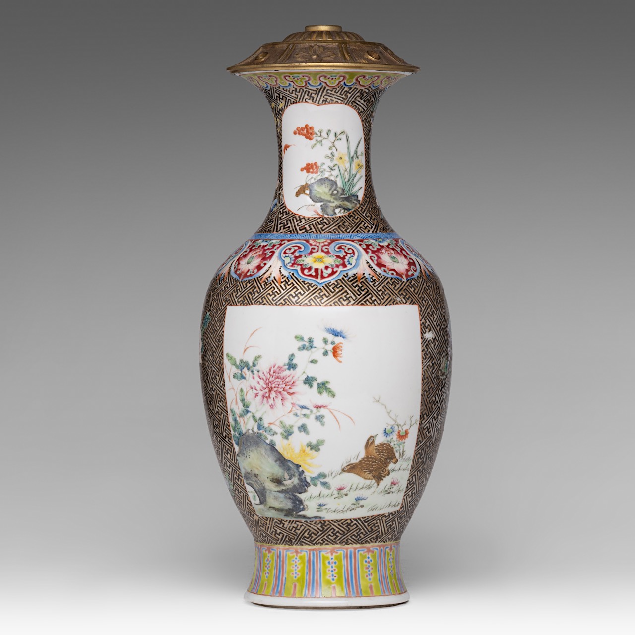 A fine Chinese famille rose 'Pheasants and Quails' baluster vase, with a Qianlong mark, late 19thC, - Image 3 of 6