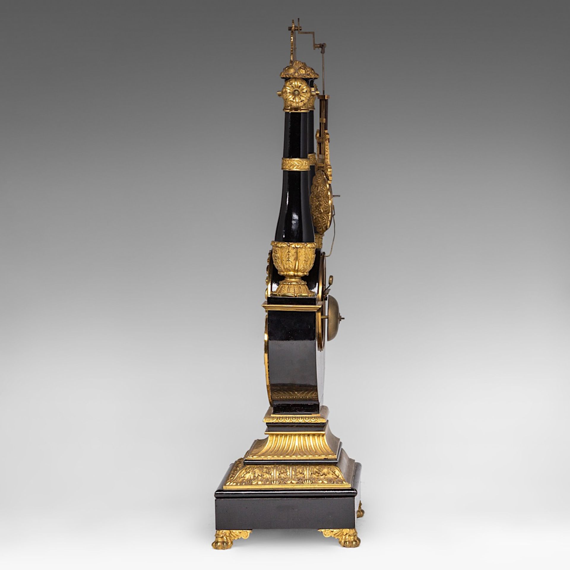 A French Restoration black lacquered and gilt bronze mounted lyre-shaped mantle clock, H 58 cm - Image 3 of 8