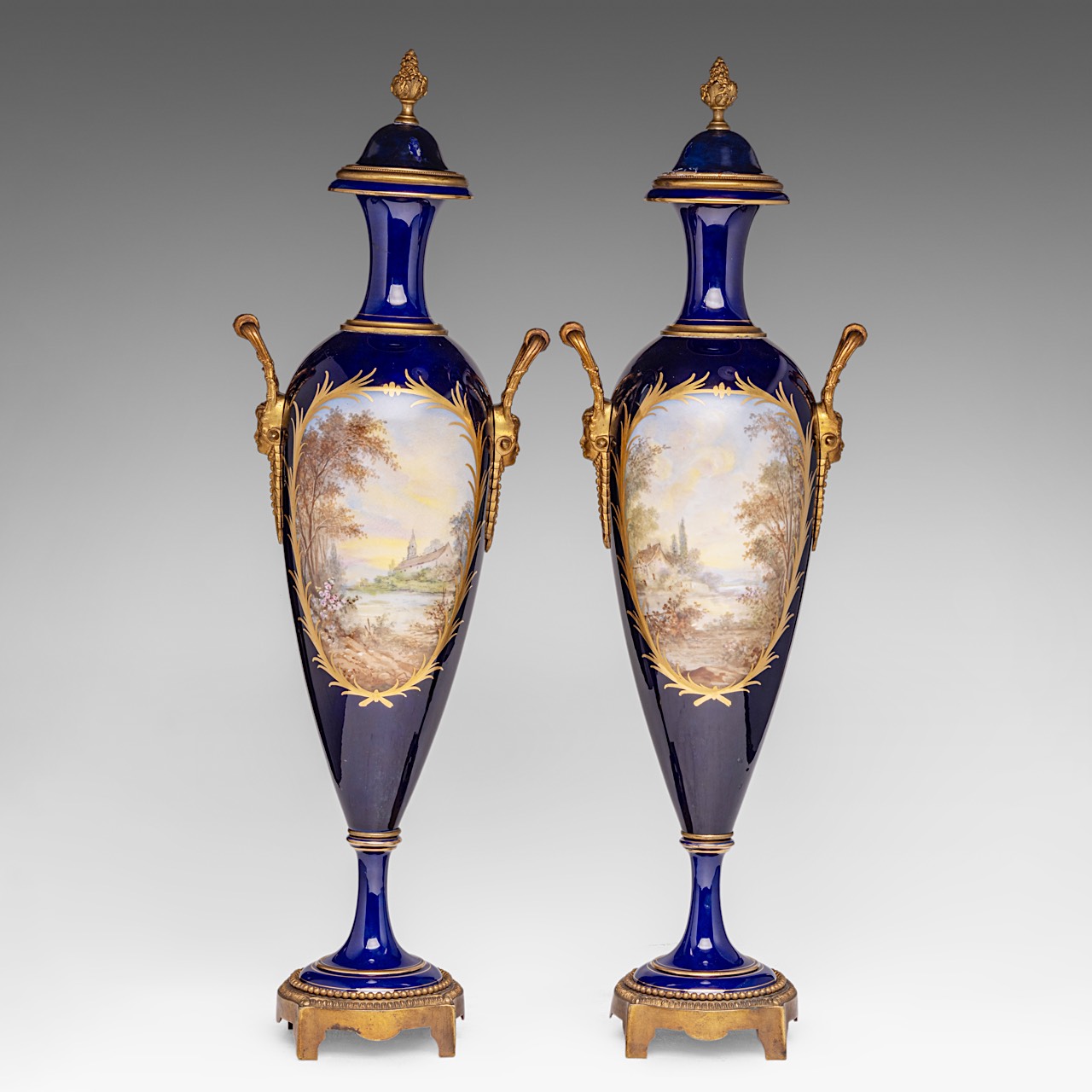 An pair of Sevres vases, with gallant scenes and gilt brass mounts, H 65 cm - Image 3 of 10