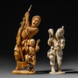 Two ivory okimono, Meiji period (1868-1912); one of a huntsman and his hawk, H 14,7 cm - 177 g, one