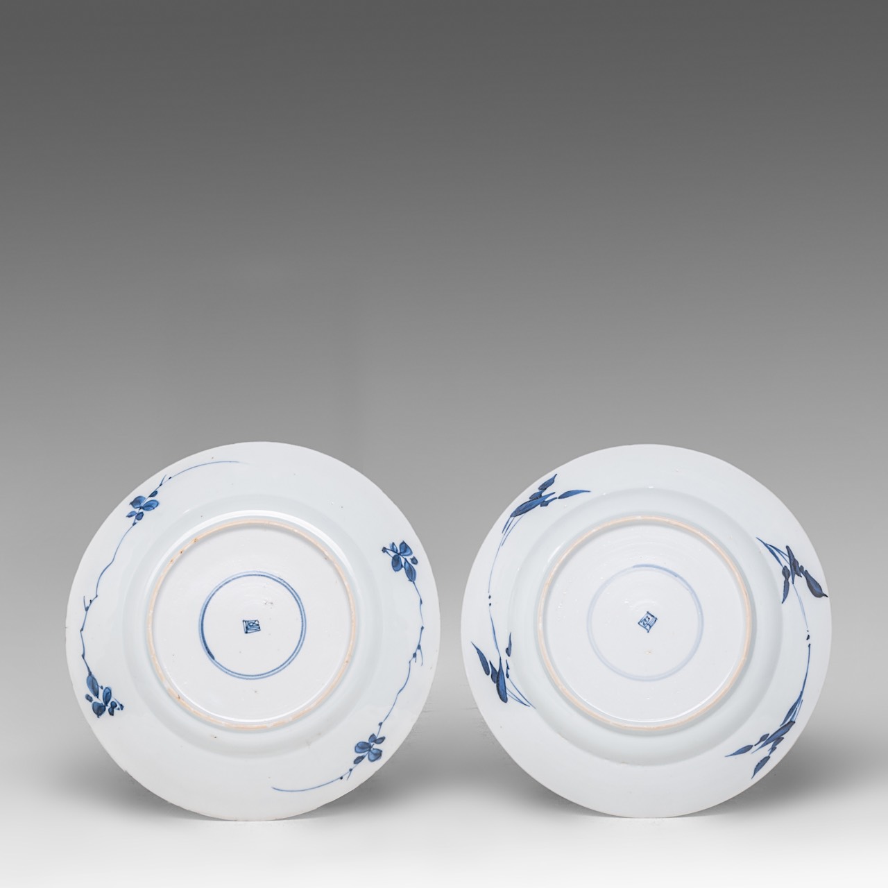 A Chinese blue and white 'Peony Scroll' plate, Kangxi period, dia 35 cm - added a series of four flo - Image 7 of 7