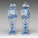 A pair of Chinese blue and white 'Beauty and Playful Boy' quadrangular baluster vase, Kangxi period,