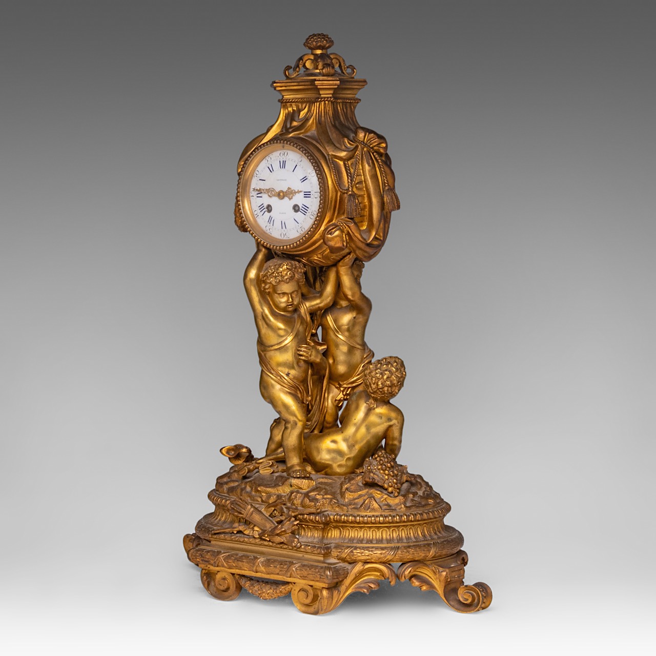 A Neoclassical gilt bronze mantle clock with putti holding the clock case, Lerolle, Paris, H 61 cm - Image 2 of 7
