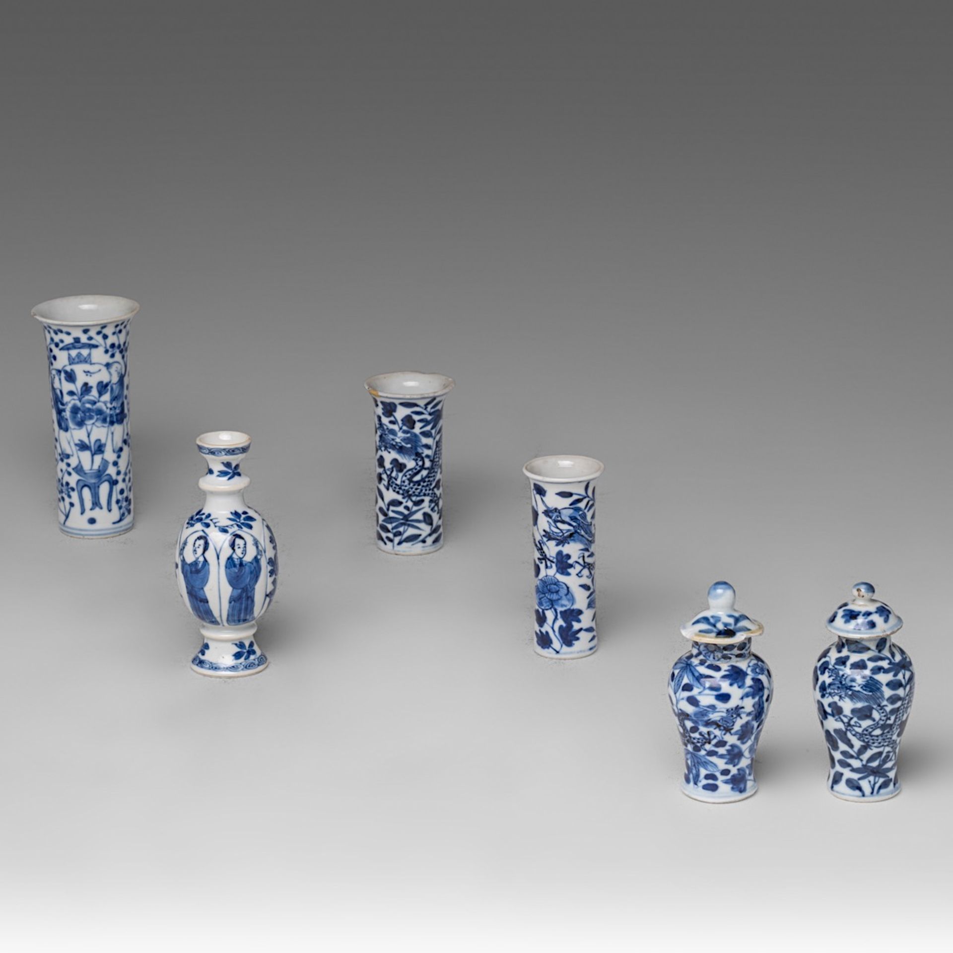A Chinese blue and white 'Long Elisa' miniature vase, Kangxi period, H 11 cm - added an assembled fi - Image 2 of 9