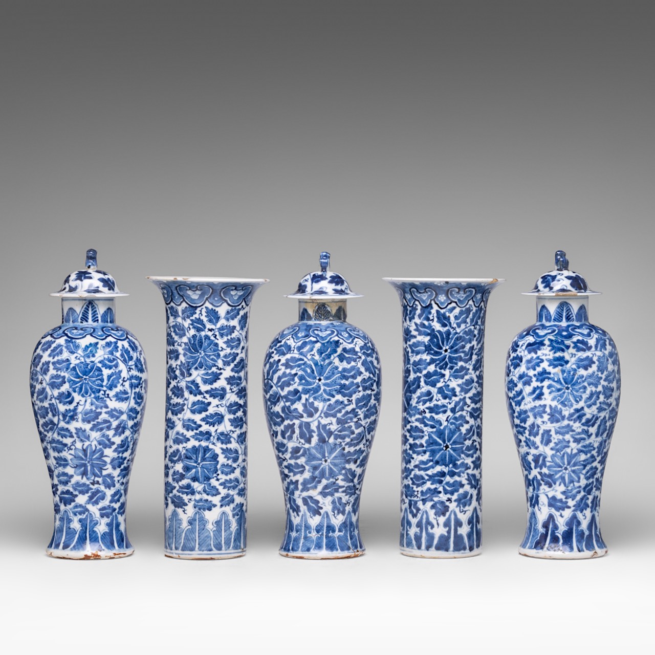 A complete set of Chinese blue and white floral decorated five-piece garniture vases, 19thC, H 30 (b - Image 2 of 8