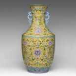 An imposing Chinese famille jaune 'Scrolling Lotus' vase, paired with dragon handles, late 19thC, H