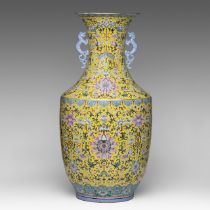 An imposing Chinese famille jaune 'Scrolling Lotus' vase, paired with dragon handles, late 19thC, H