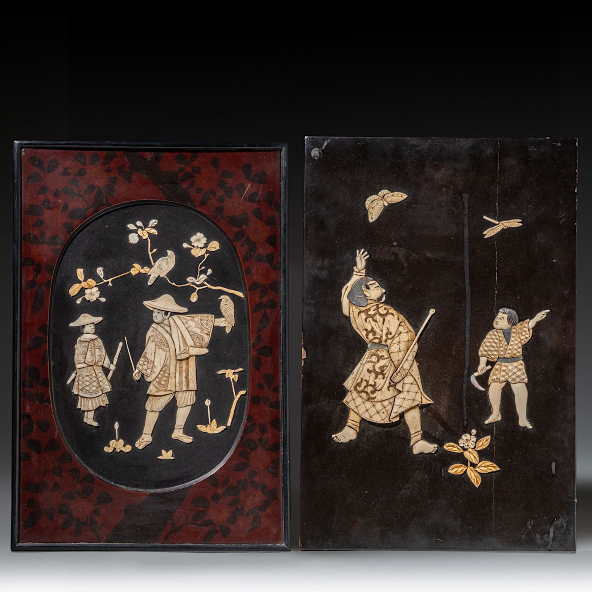 Two lacquer panels with Shibayama inlay, Meiji period (1868-1912), both 47x32 cm / 46x30 cm