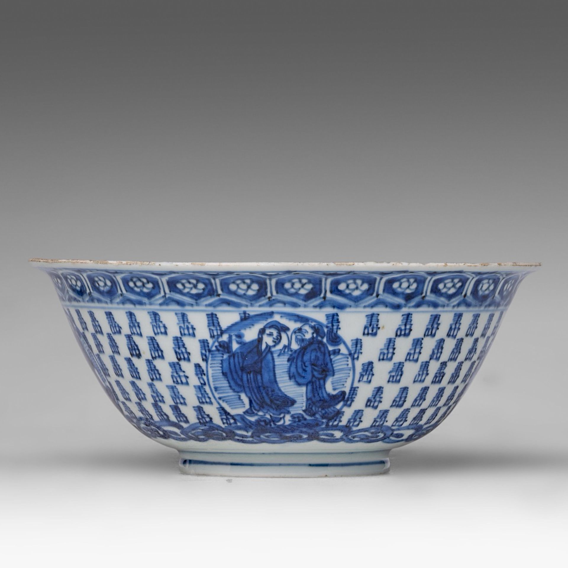 A Chinese blue and white 'Luohan' bowl, Wanli period, Ming dynasty, H 9 - dia 22,5 cm