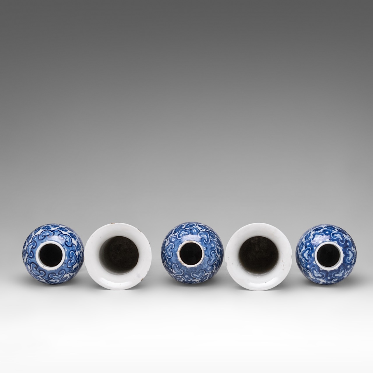 A complete set of Chinese blue and white floral decorated five-piece garniture vases, 19thC, H 30 (b - Image 5 of 8