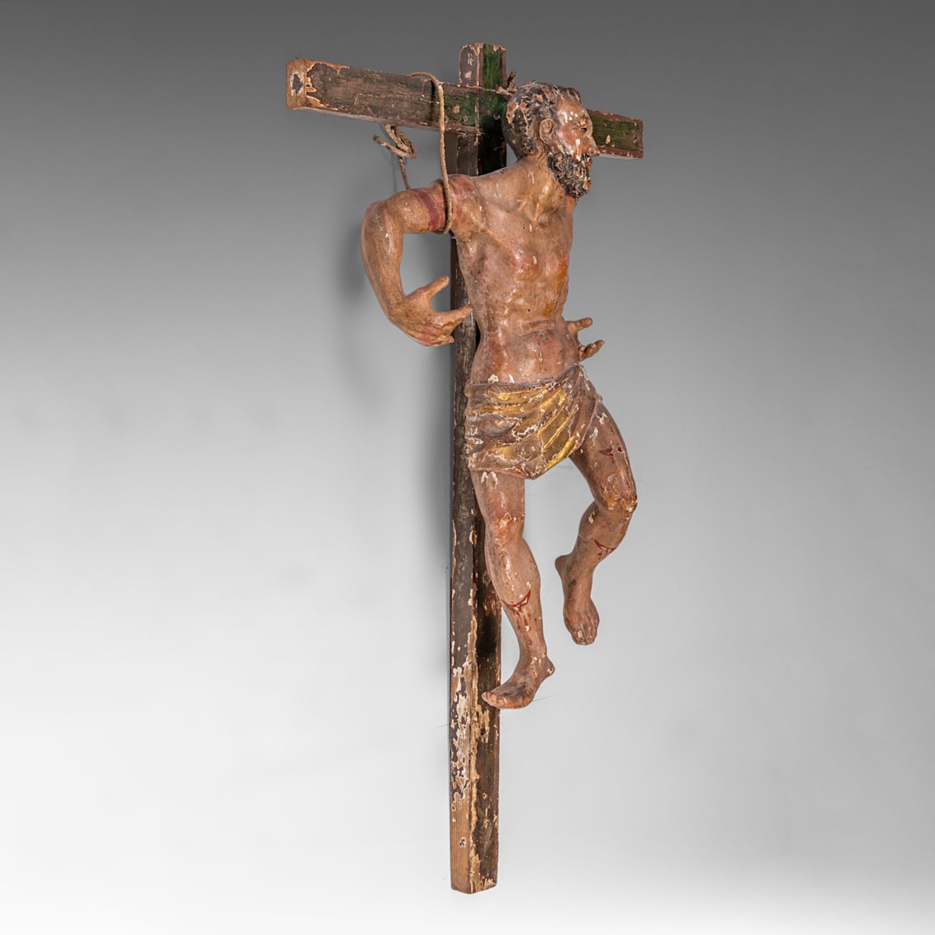 A large polychrome wooden sculpture of 'The Penitent Thief, Dismas', 16th/17thC, Spain, H 110 cm (th - Image 4 of 6