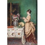 Gustave De Jonghe (1829-1893), an elegant lady in a luxurious interior, oil on mahogany, 73.5 x 50.5