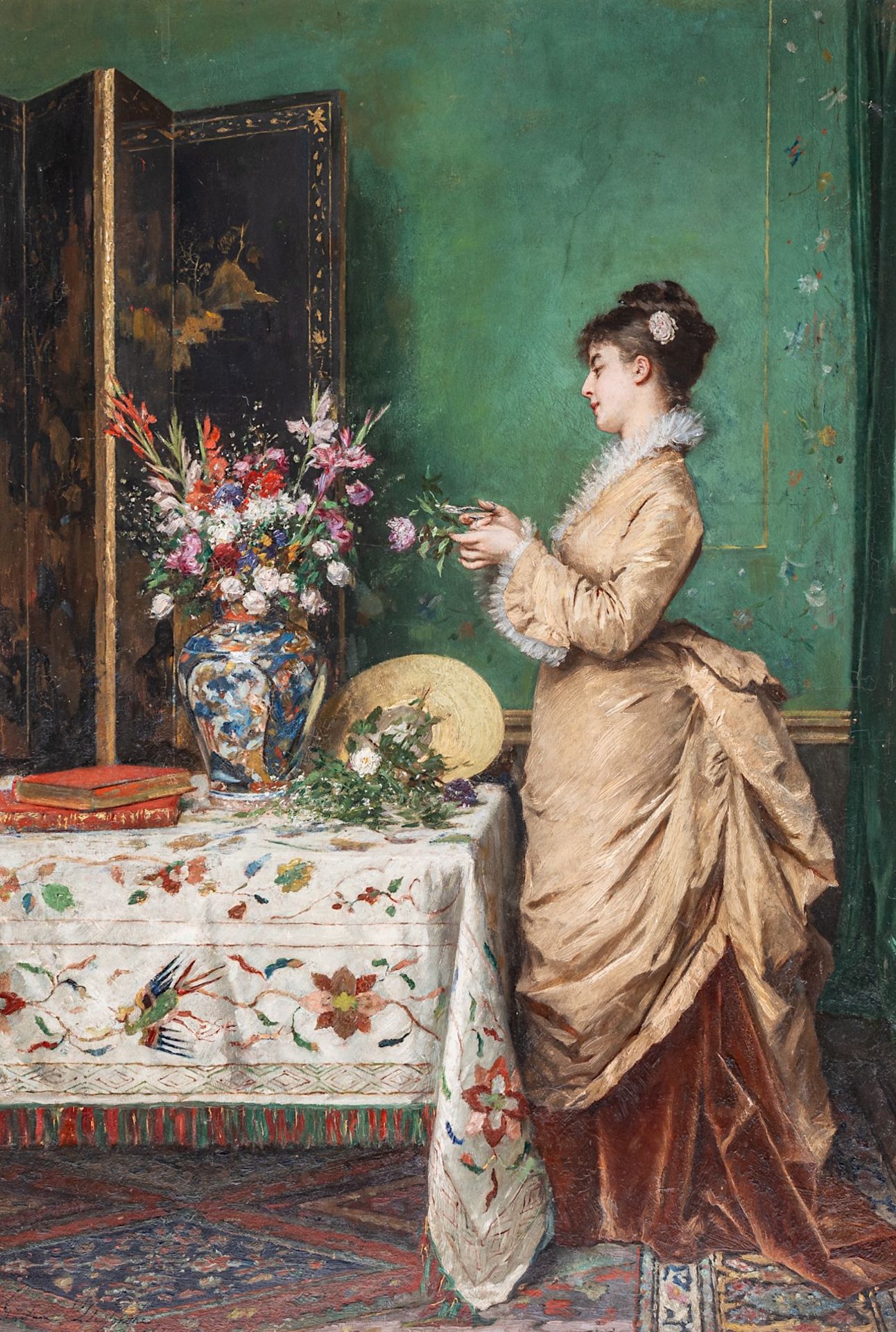 Gustave De Jonghe (1829-1893), an elegant lady in a luxurious interior, oil on mahogany, 73.5 x 50.5