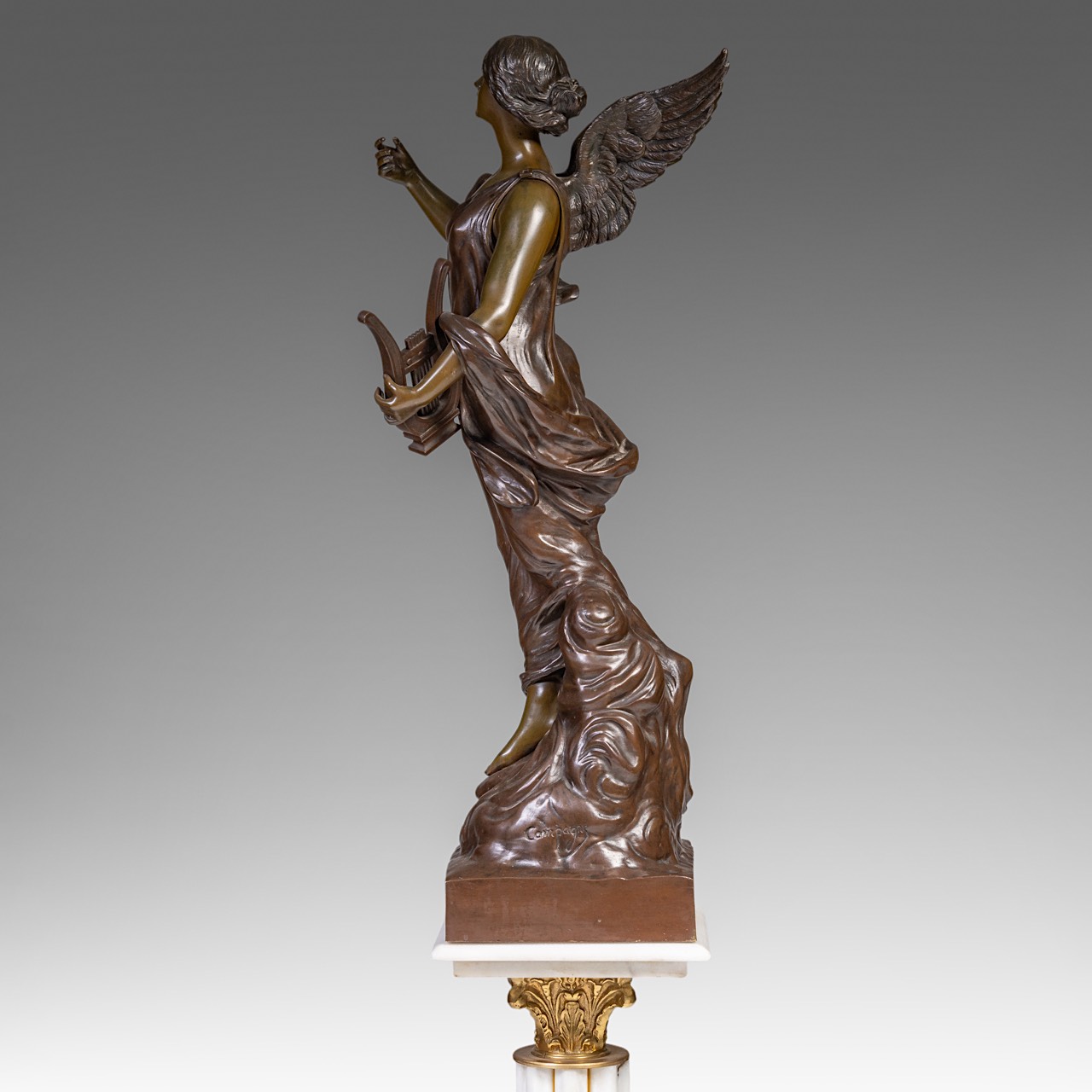 Pierre Etienne Daniel Campagne (1851-1914), 'L'inspiration', patinated bronze, H 85 cm - Image 21 of 26