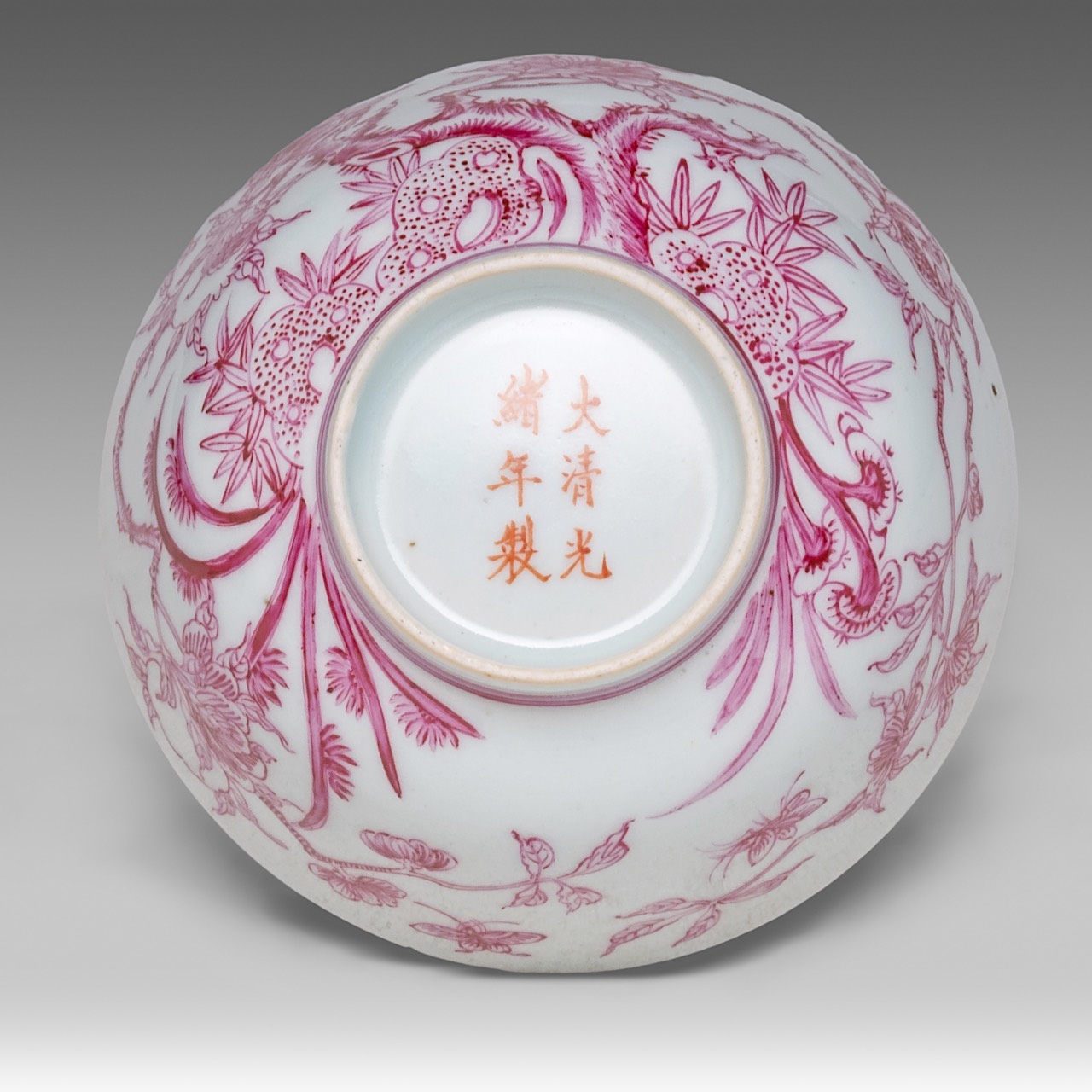 Two Chinese bowls enamelled in puce, 'Fruiting Pomegranate' and 'Magpies and Peonies', Guangxu mark - Image 7 of 13