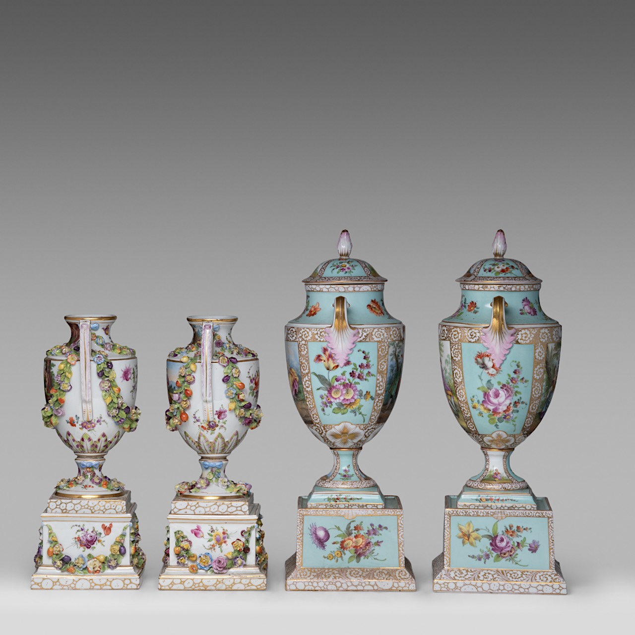 A large near pair of Vienna (or Dresden) hand-painted porcelain vases, and a smaller matching pair o - Image 2 of 14