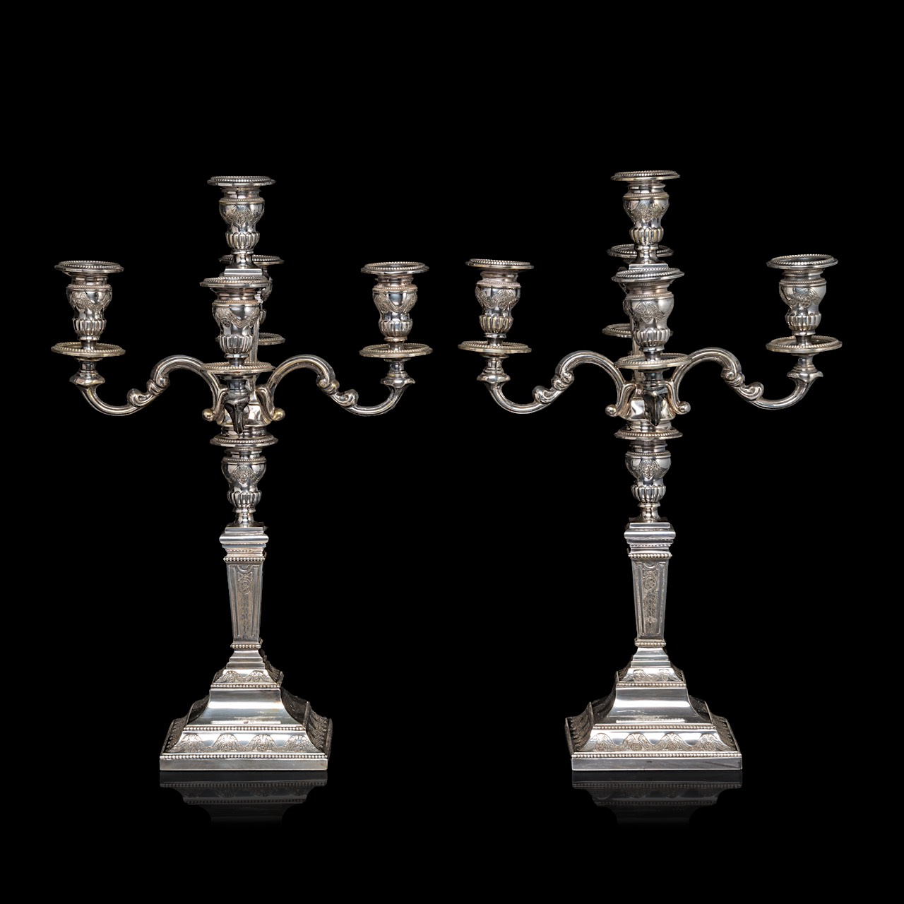 A pair of Neoclassical silver candelabras, Belgian hallmark (1942-present), 835/000, maker's mark Co - Image 4 of 7