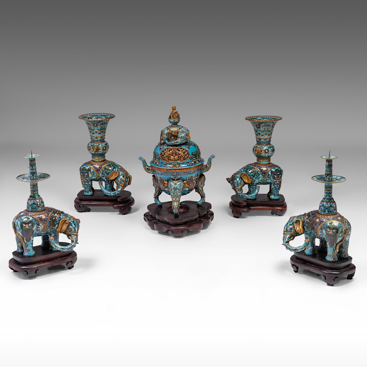 A Chinese five-piece semi-precious stone inlaid cloisonne garniture, late Qing/20thC, tallest H 58 - - Image 3 of 24