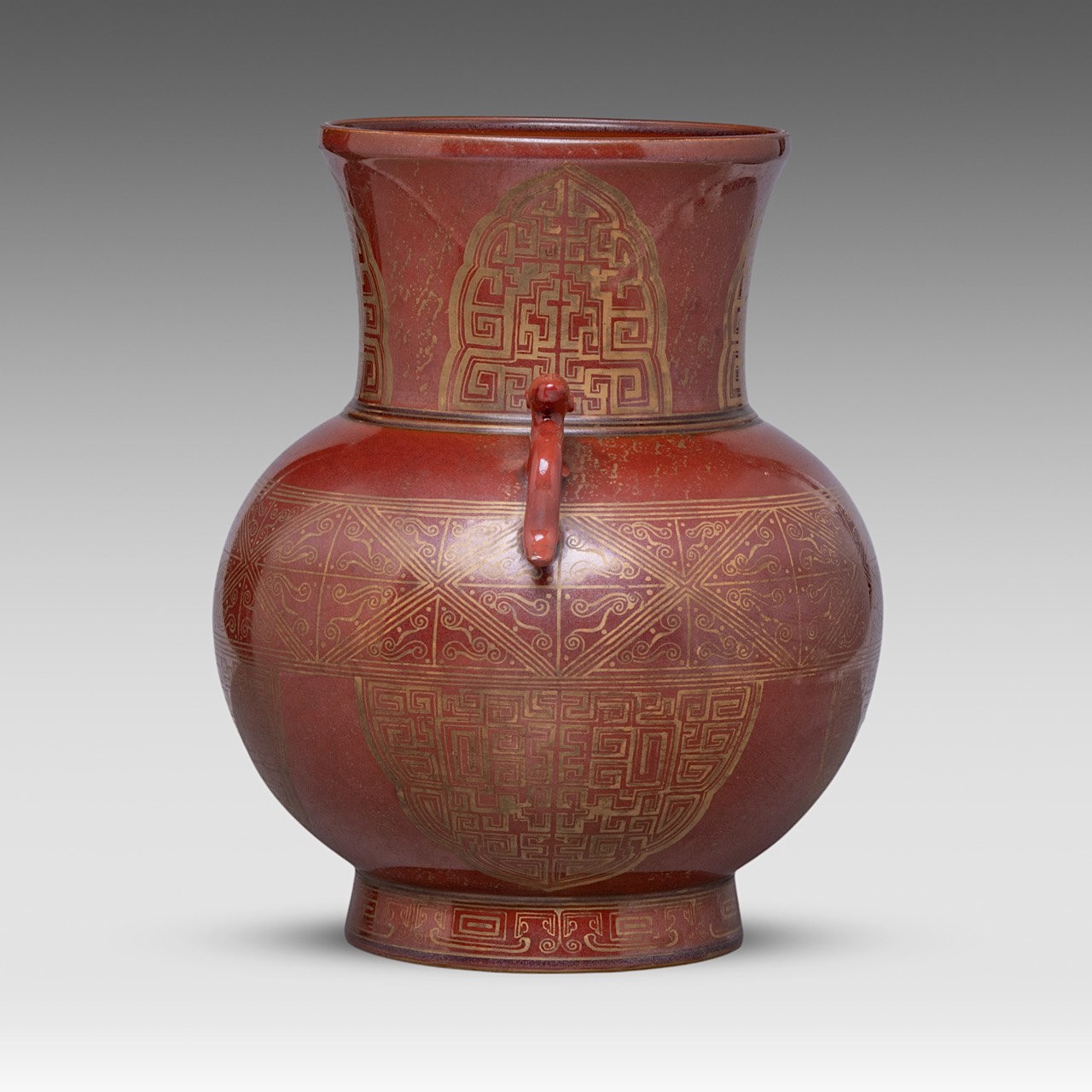 A Chinese archaistic gilt on red ground hu vase, paired with deer handles, with a Jing Wei Tang Zhi - Image 4 of 6