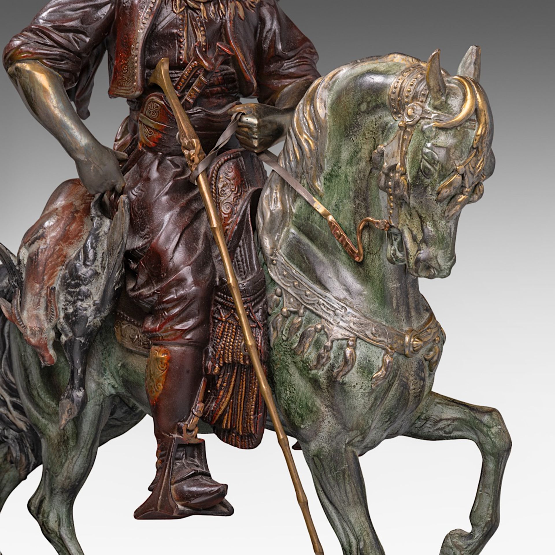 Attrib. to Alfred Barye (1839-1882), Arab horseman, patinated spelter on a vert de mer marble base, - Image 10 of 10