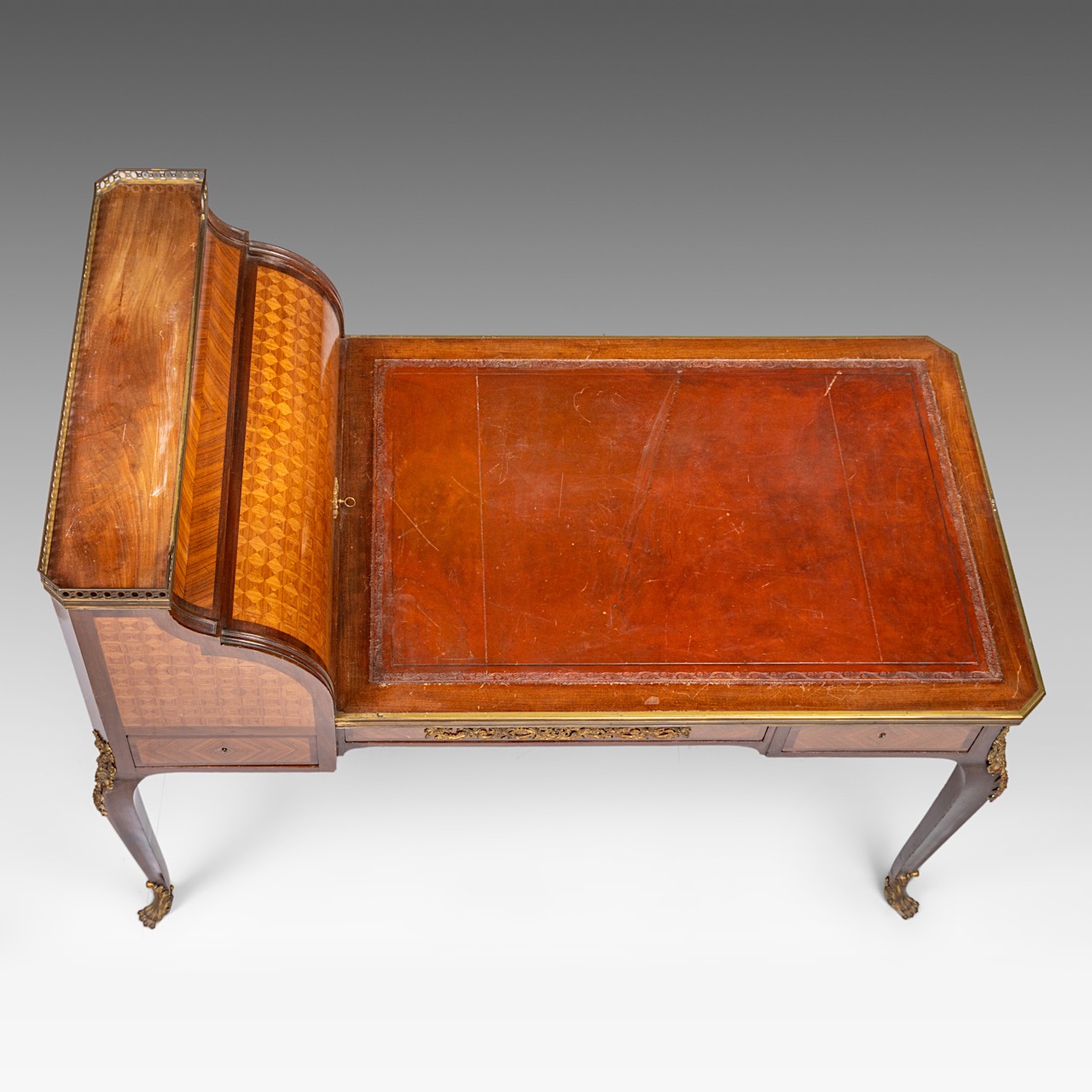 A leather-topped Transitional-style bureau plat and rolltop desk with parquetry and gilt bronze moun - Image 9 of 9