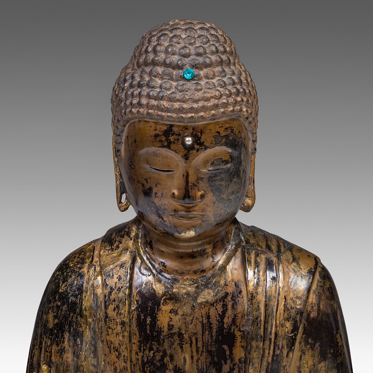 An imposing Japanese gilt lacquered standing Buddha Shakyamuni, Meiji period, H 101 cm - Image 8 of 8