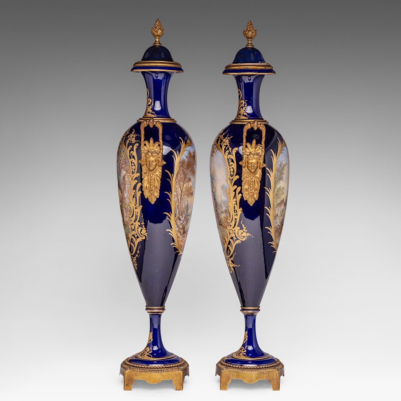 An pair of Sevres vases, with gallant scenes and gilt brass mounts, H 65 cm - Image 2 of 10