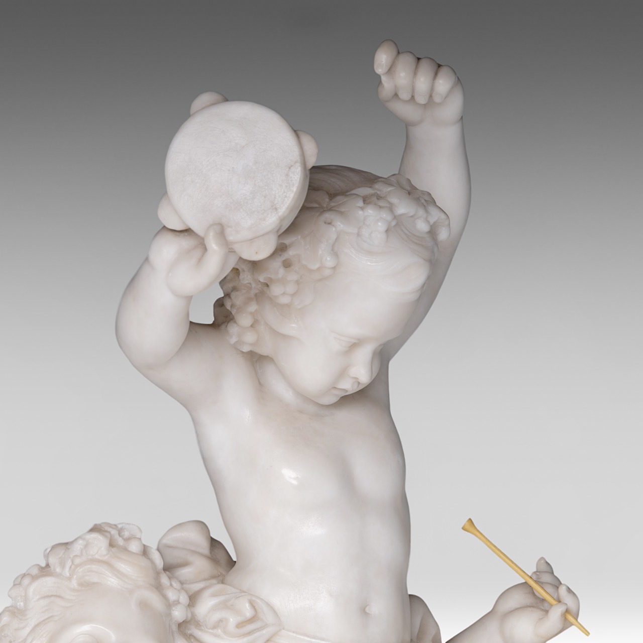 A charming alabaster group of playing putti, on a gilt brass stand, H 68 cm (total) - Image 9 of 9