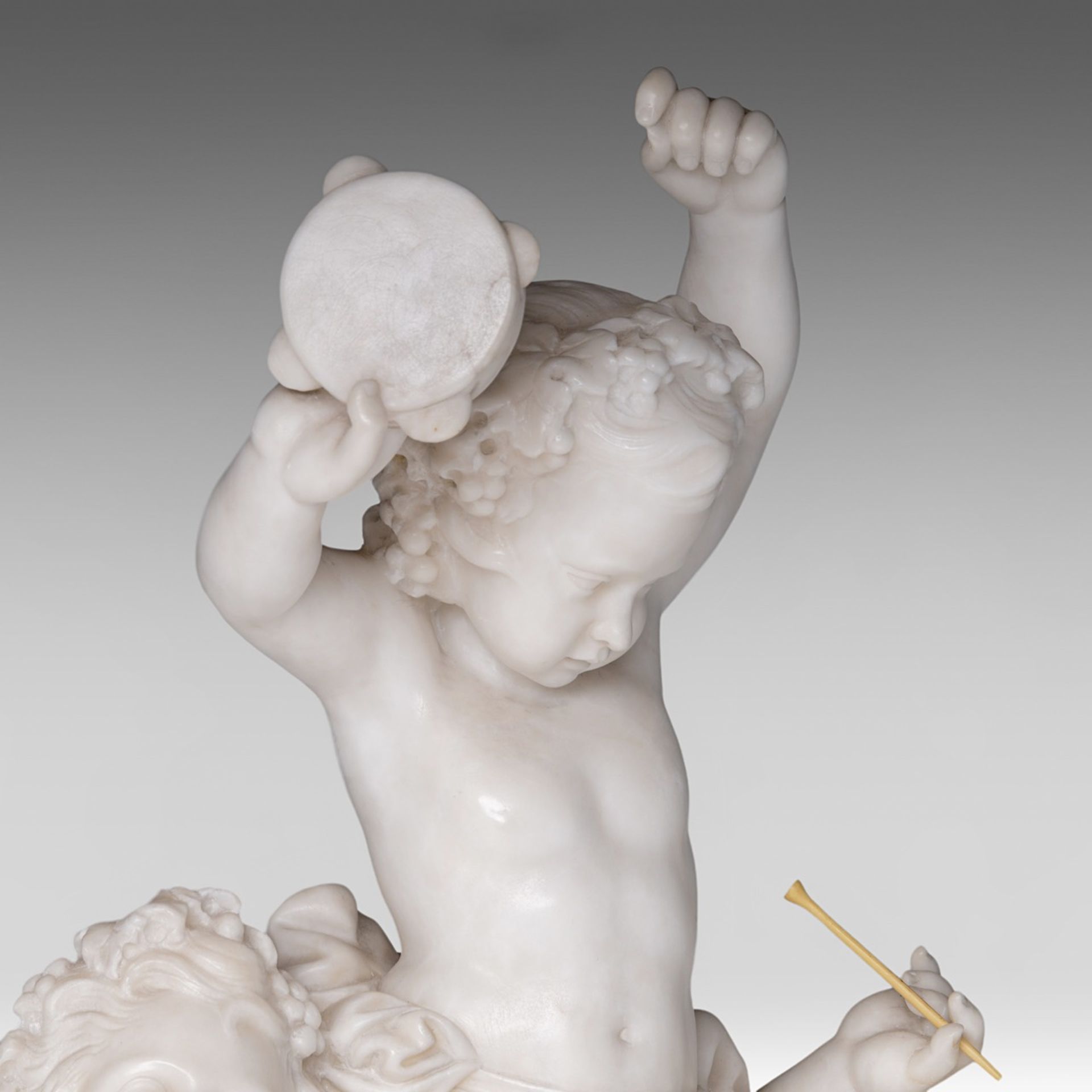 A charming alabaster group of playing putti, on a gilt brass stand, H 68 cm (total) - Bild 9 aus 9