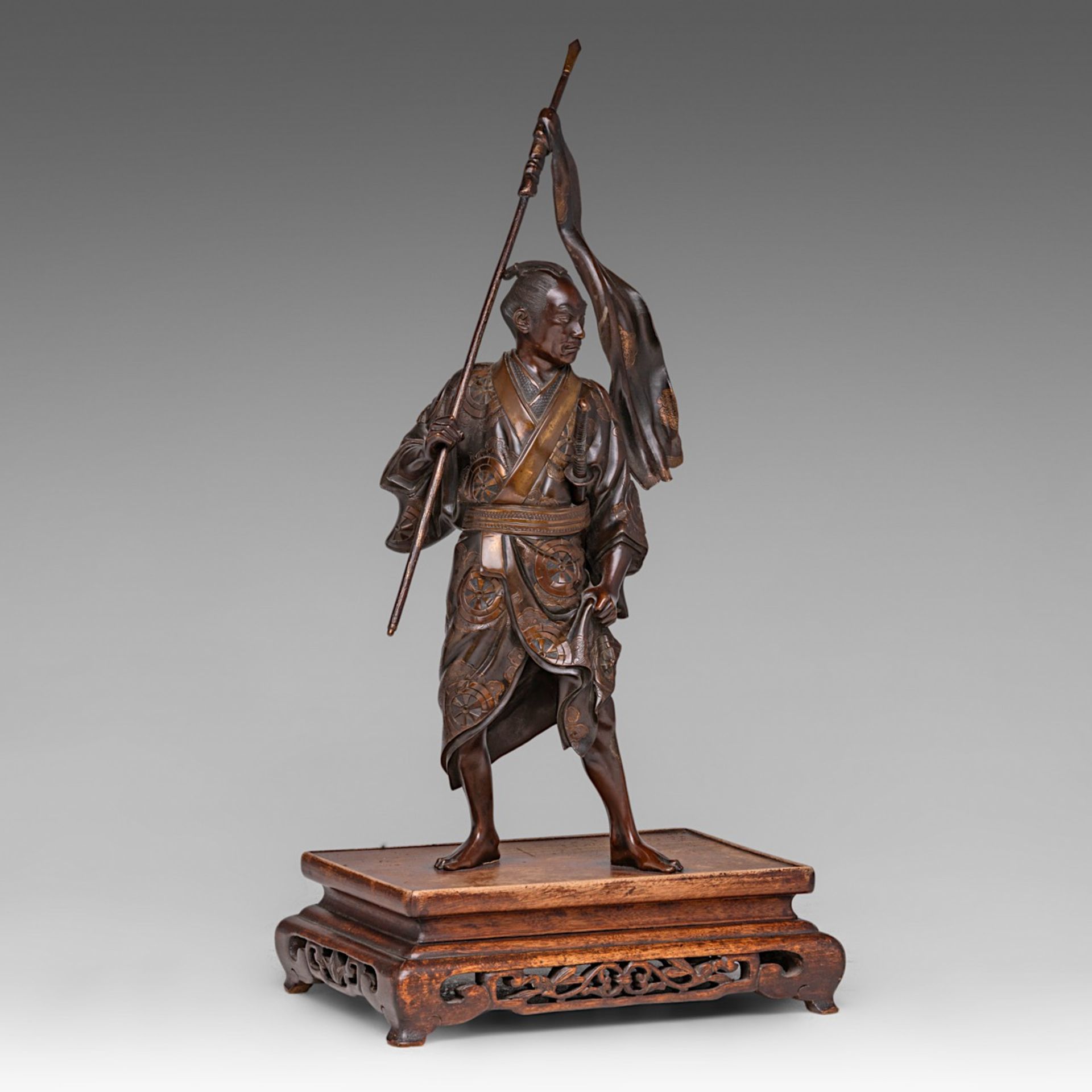 A Japanese bronze okimono of a warrior from the tale of Genji, signed, Meiji period (1868-1912), fix - Image 7 of 9