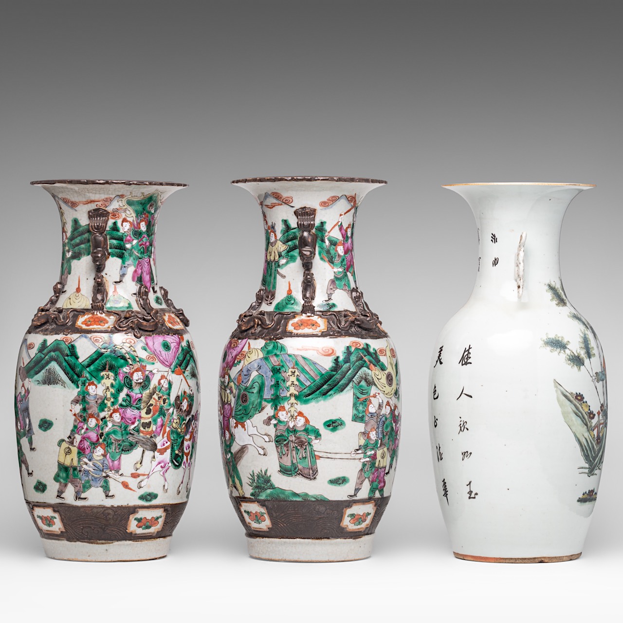 A pair of Chinese famille rose Nanking stoneware vases, 19thC, H 43,5 cm - and a famille rose 'Beaut - Image 4 of 13