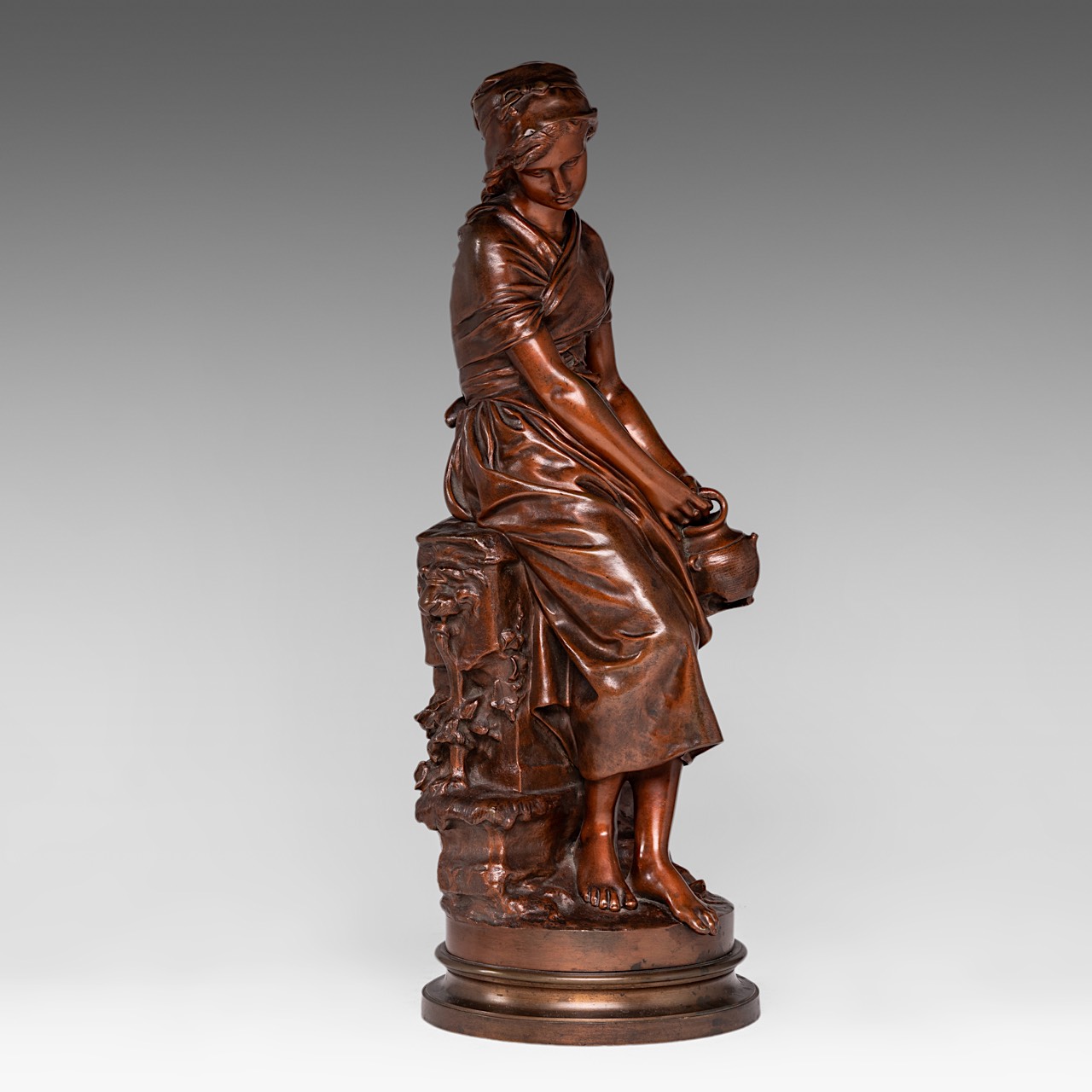 Mathurin Moreau (1822-1912), young girl with a jug, patinated bronze, foundry mark of E. Godeau, Par - Image 6 of 8