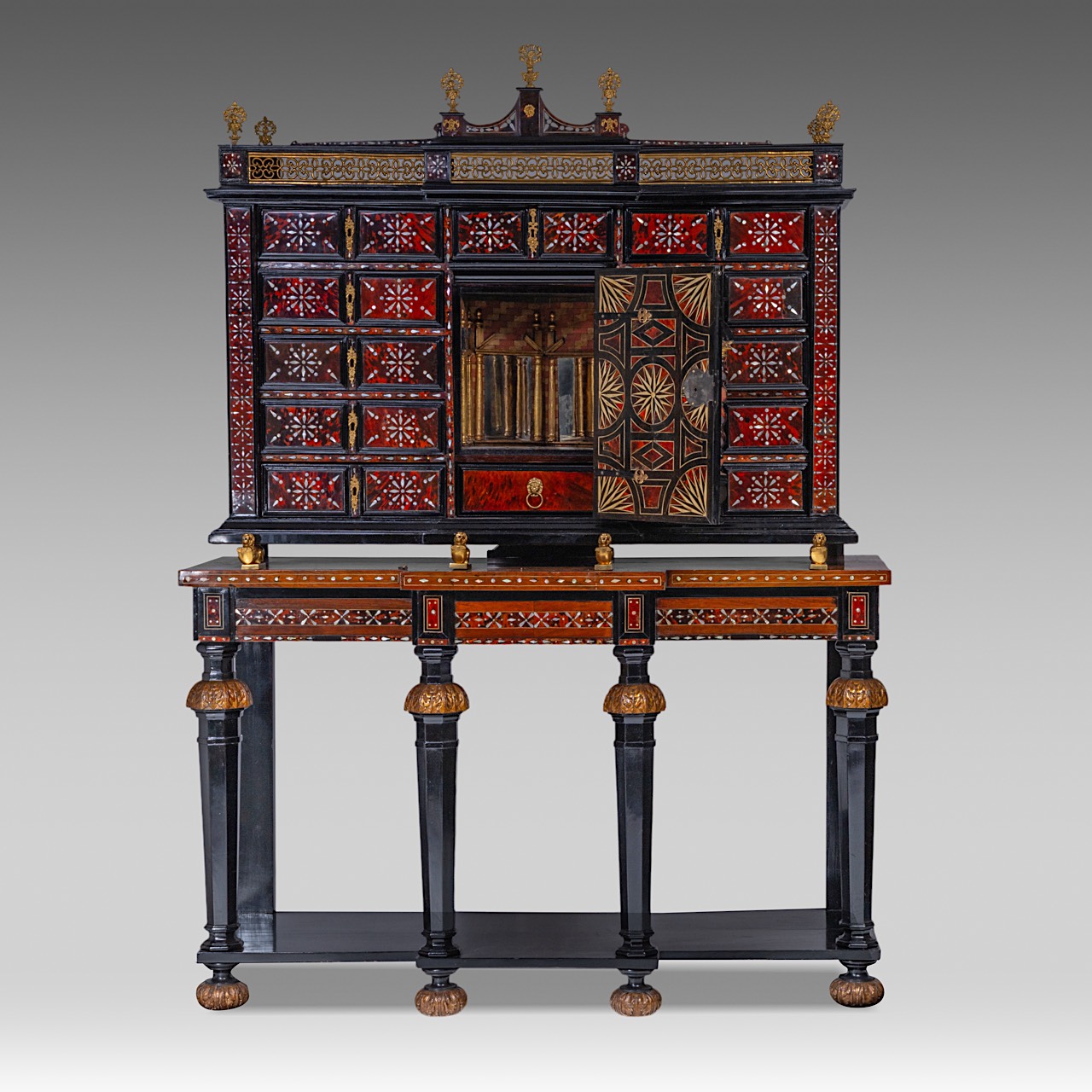 A 17thC cabinet-on-stand, inlaid with tortoiseshell, mother-of-pearl and ivory, H 194 cm (total) (+) - Image 5 of 9