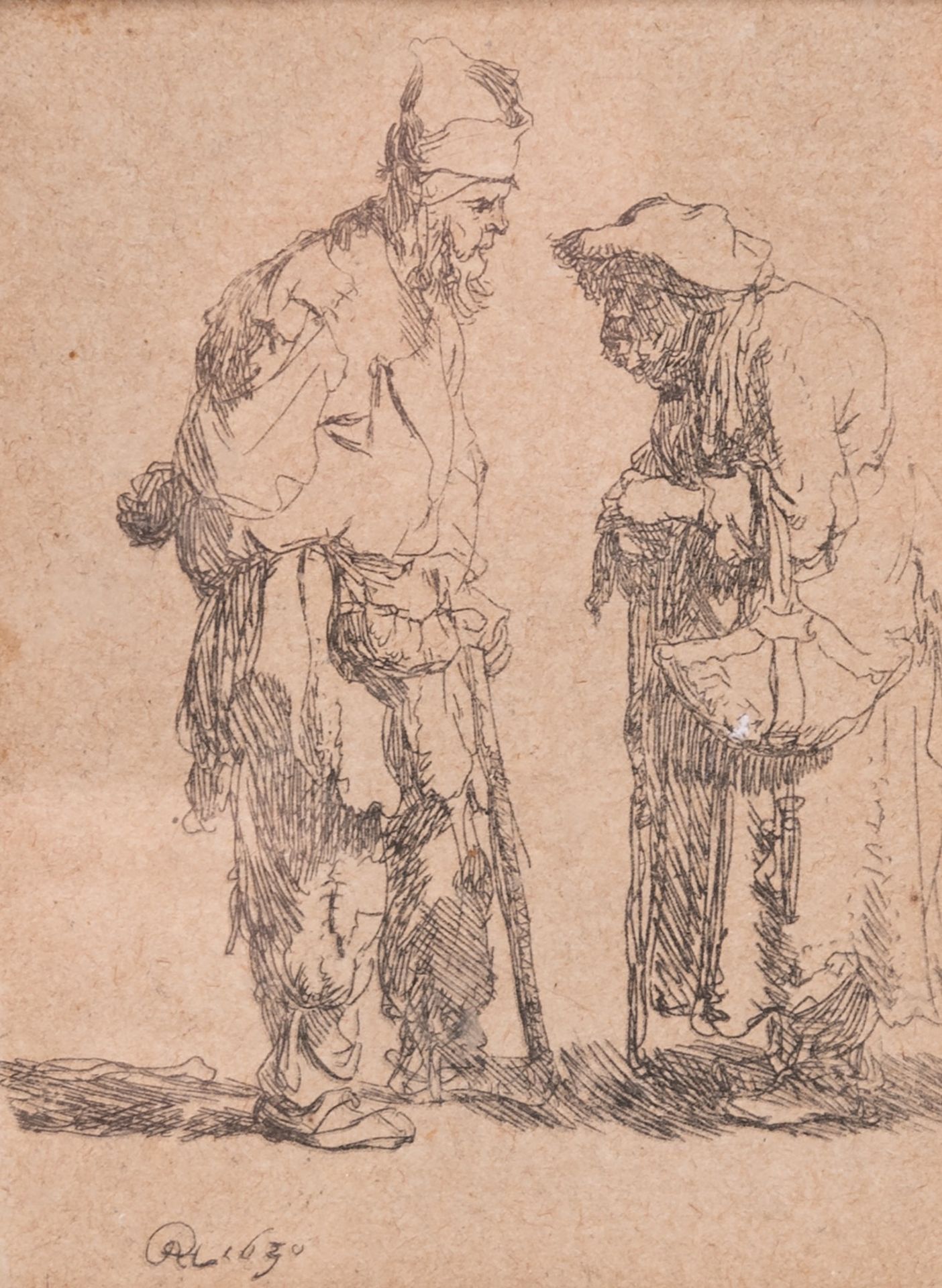 Rembrandt (1606/07-1669), etching 'Beggar Man and a Beggar Woman Conversing' (1630), framed 31,5x24,