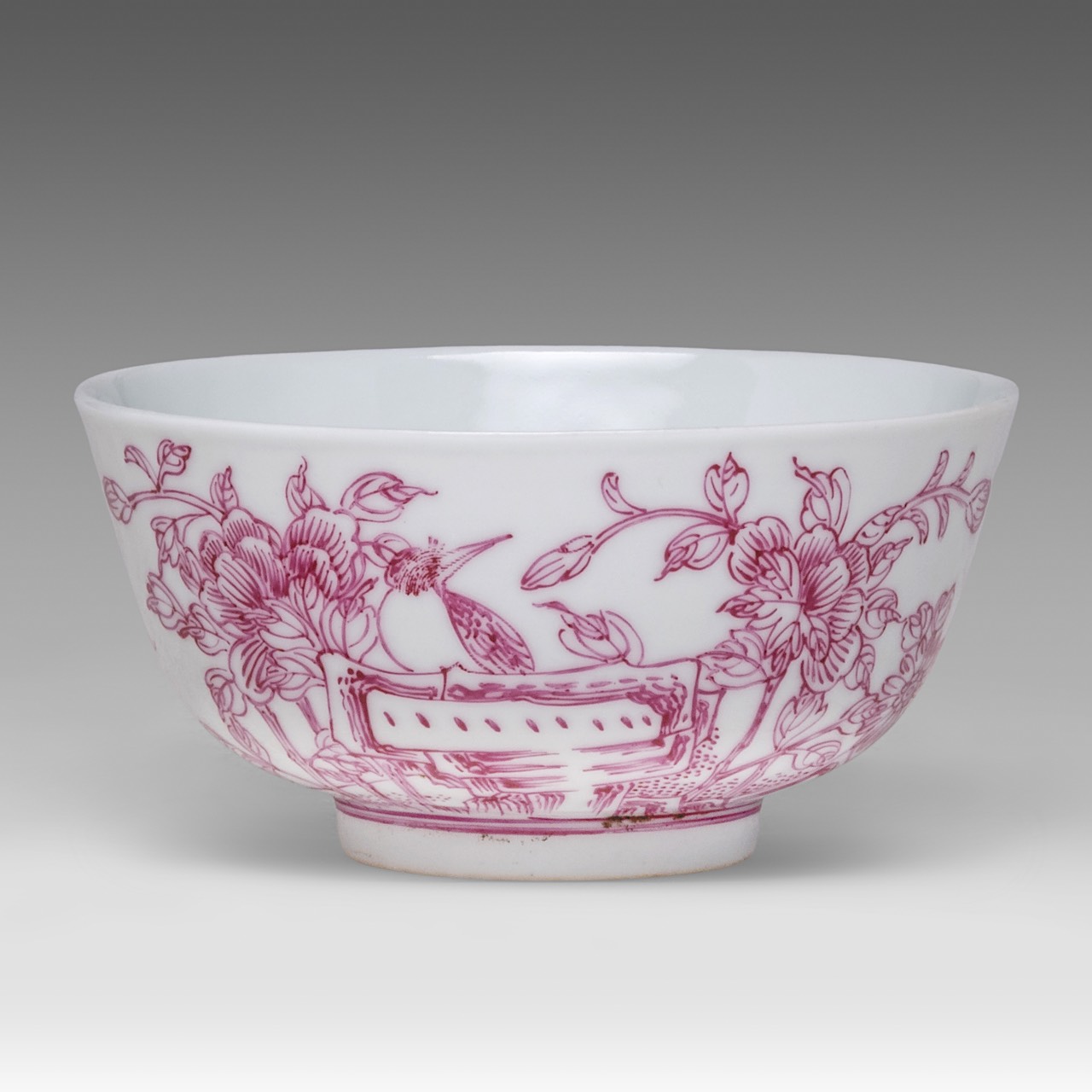 Two Chinese bowls enamelled in puce, 'Fruiting Pomegranate' and 'Magpies and Peonies', Guangxu mark - Image 2 of 13