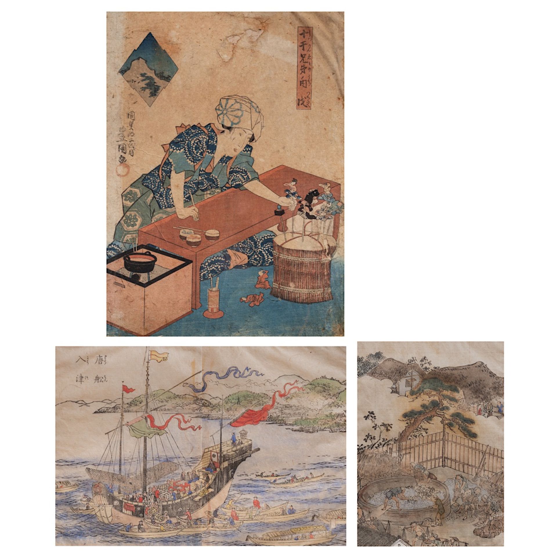 A collection of three Japanese Edo period (1603-1868) prints, one by Kunisada, framed 49,5 x 42,5 (t