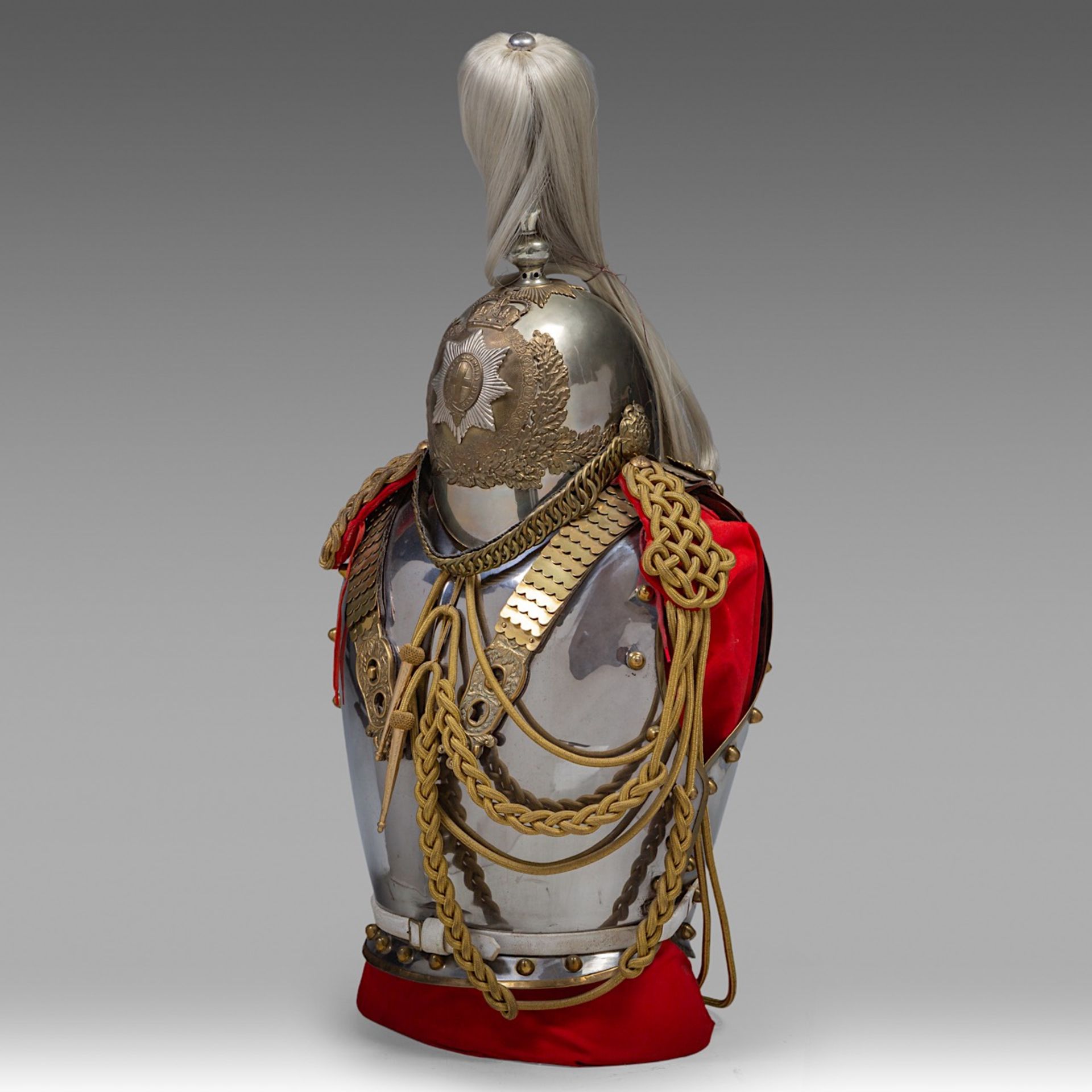 cuirass and helmet of the Royal Horse guards, metal and brass,1952 (Eliabeth II) 88 x 36 x 44 cm. (3