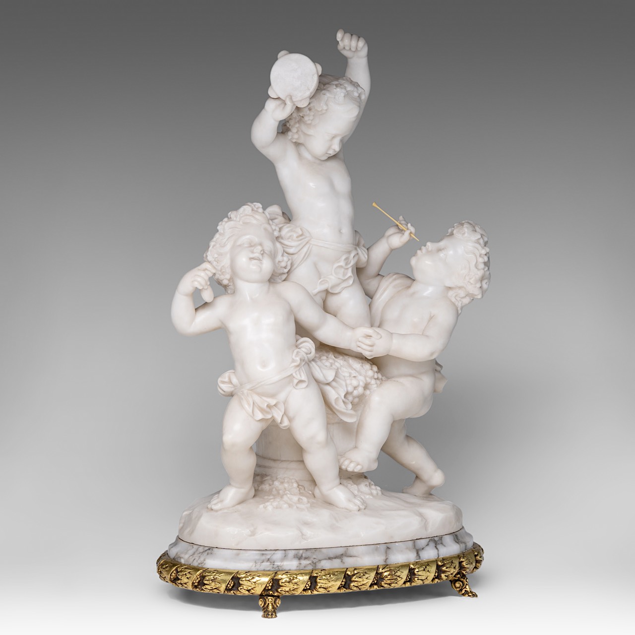 A charming alabaster group of playing putti, on a gilt brass stand, H 68 cm (total) - Image 6 of 9