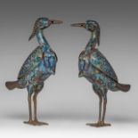 A pair of Chinese cloisonne enamelled bronze cranes, 20thC, both H 35 cm