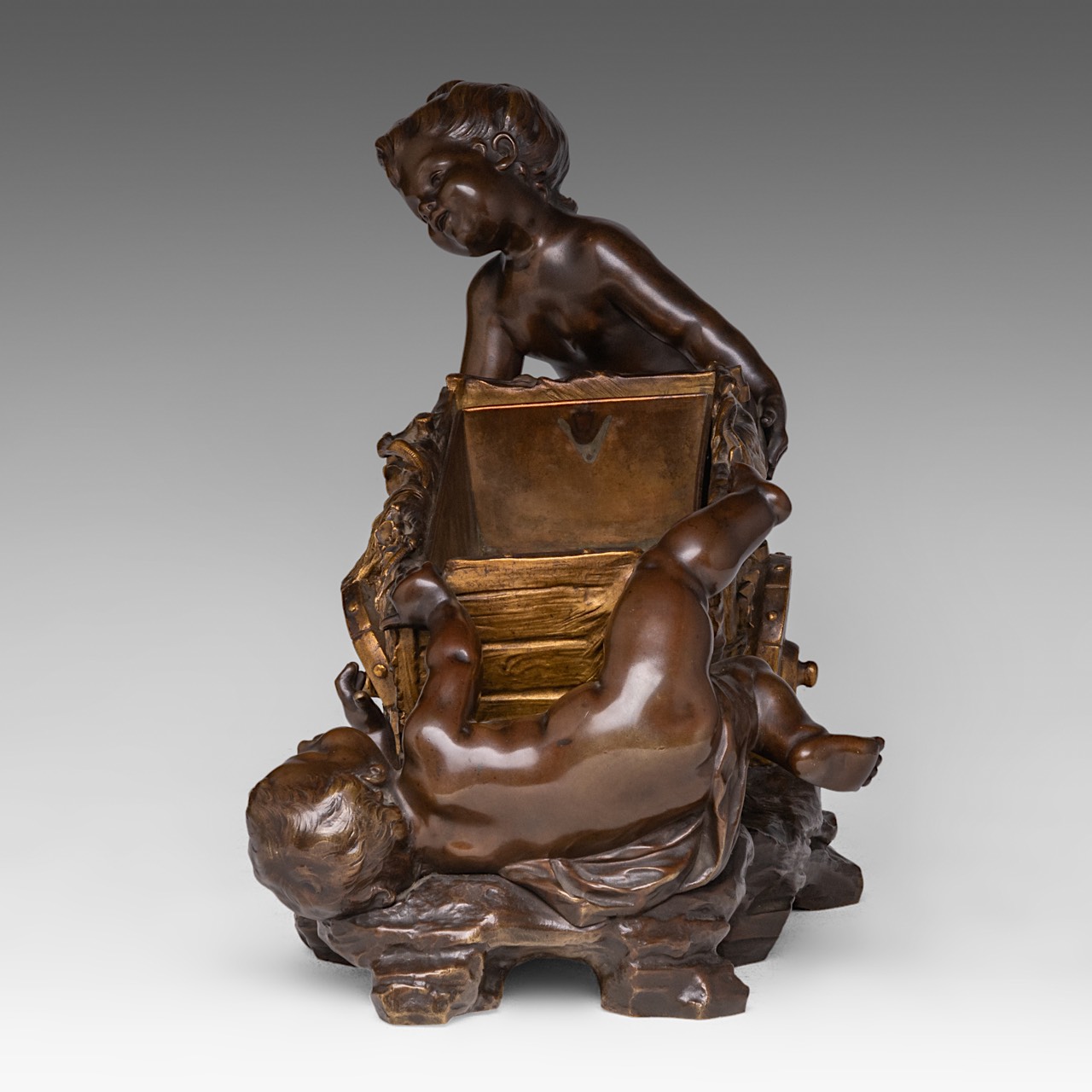 Auguste Moreau (1834-1917), two children playing with a chariot, patinated bronze plant stand, H 28 - Image 3 of 9