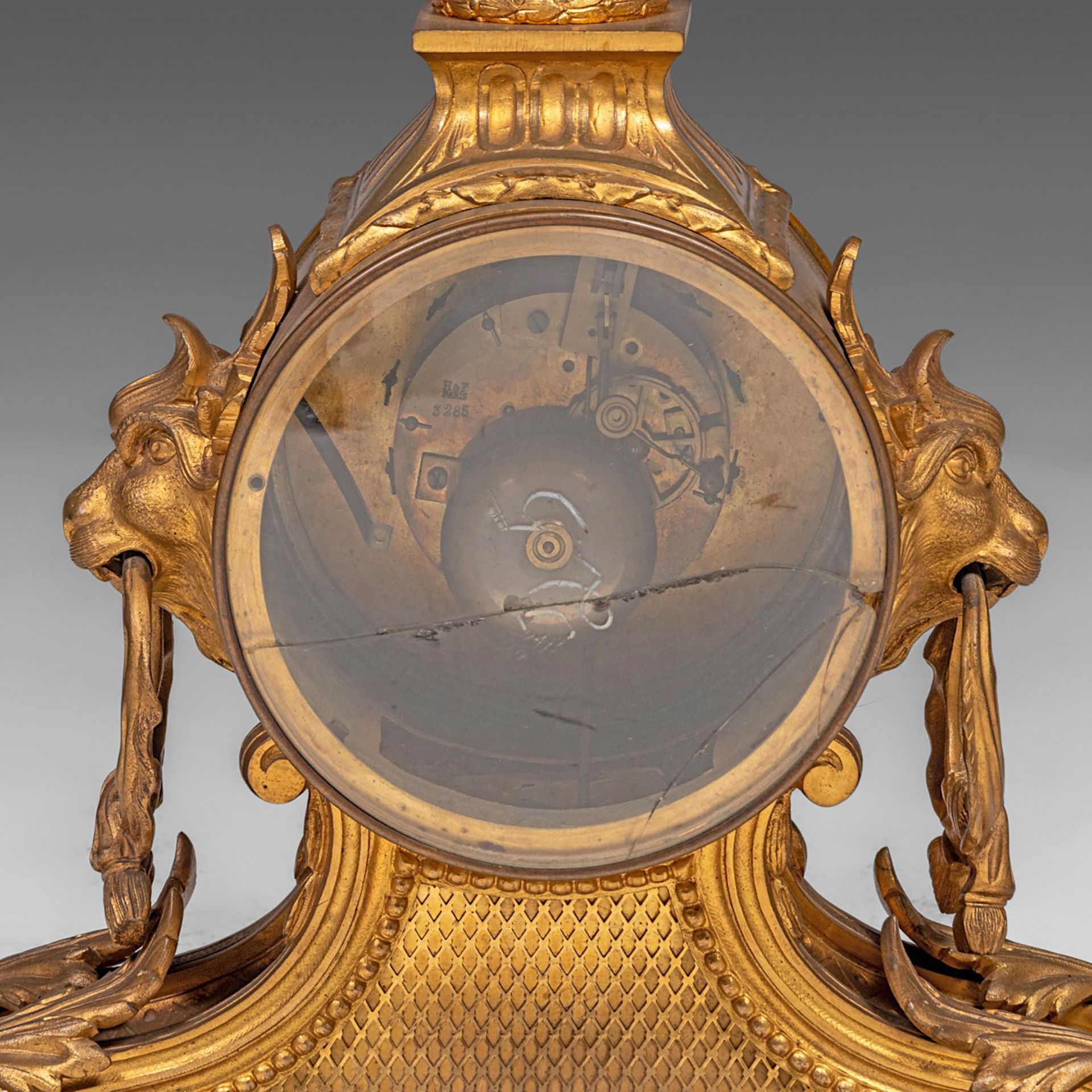 A three-piece Neoclassical gilt bronze mantle clock, H 50 - 65 cm - Image 5 of 6