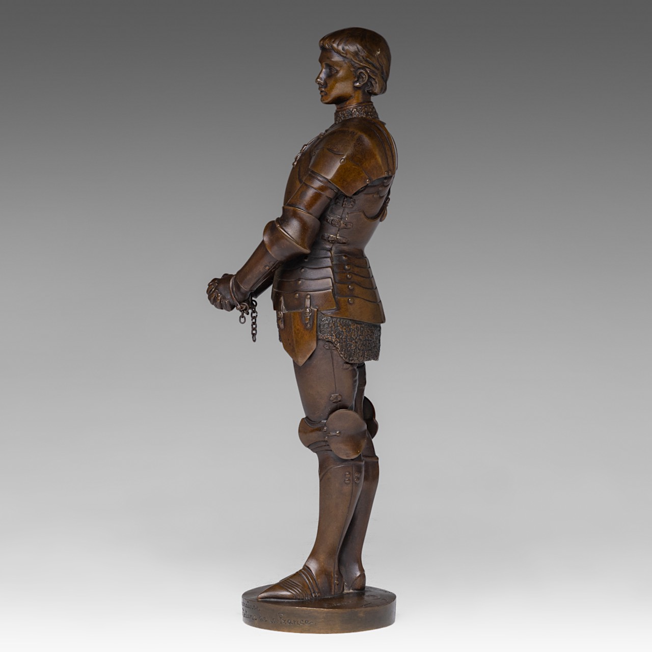 Louis Ernest Barrias (1841-1905), Jeanne d'Arc, patinated bronze, Susse Freres edition, H 31 cm - Image 4 of 11