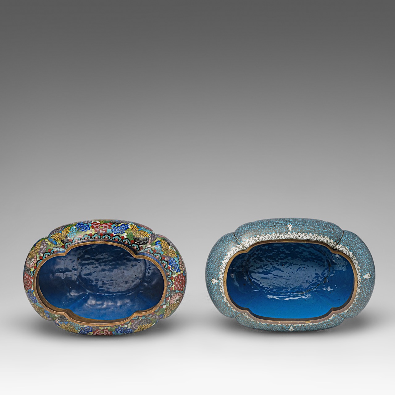 A small collection of two Chinese cloisonne narcissus planters and a pair of Canton enamelled double - Image 9 of 10