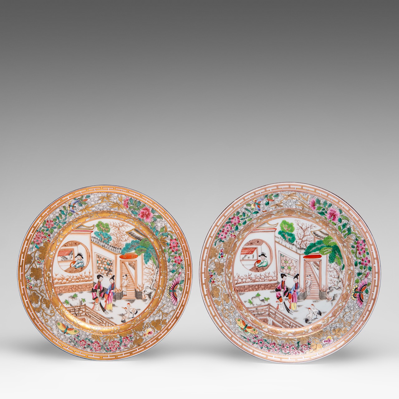 A series of 9 French Samson famille rose 'Romance of the Western Chamber' dishes, 19thC, dia 23,5 - - Image 6 of 11