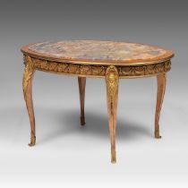 A mahogany marble-topped transitional-style side table with gilt bronze mounts, H 58 cm - W 100 cm -