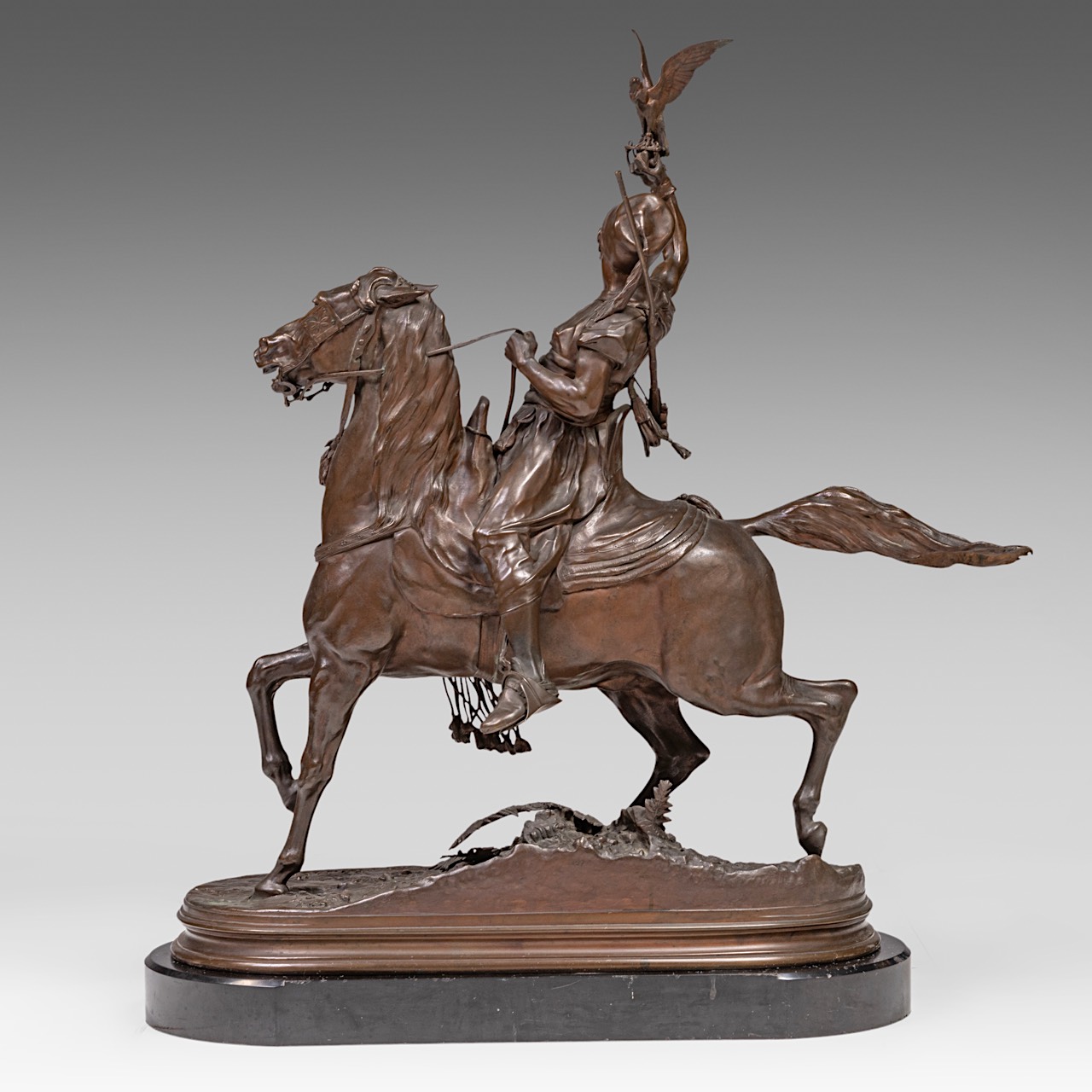 Pierre-Jules Mene (1810-1879), the falconer, patinated bronze on a black marble base, casted by Barb - Image 6 of 11
