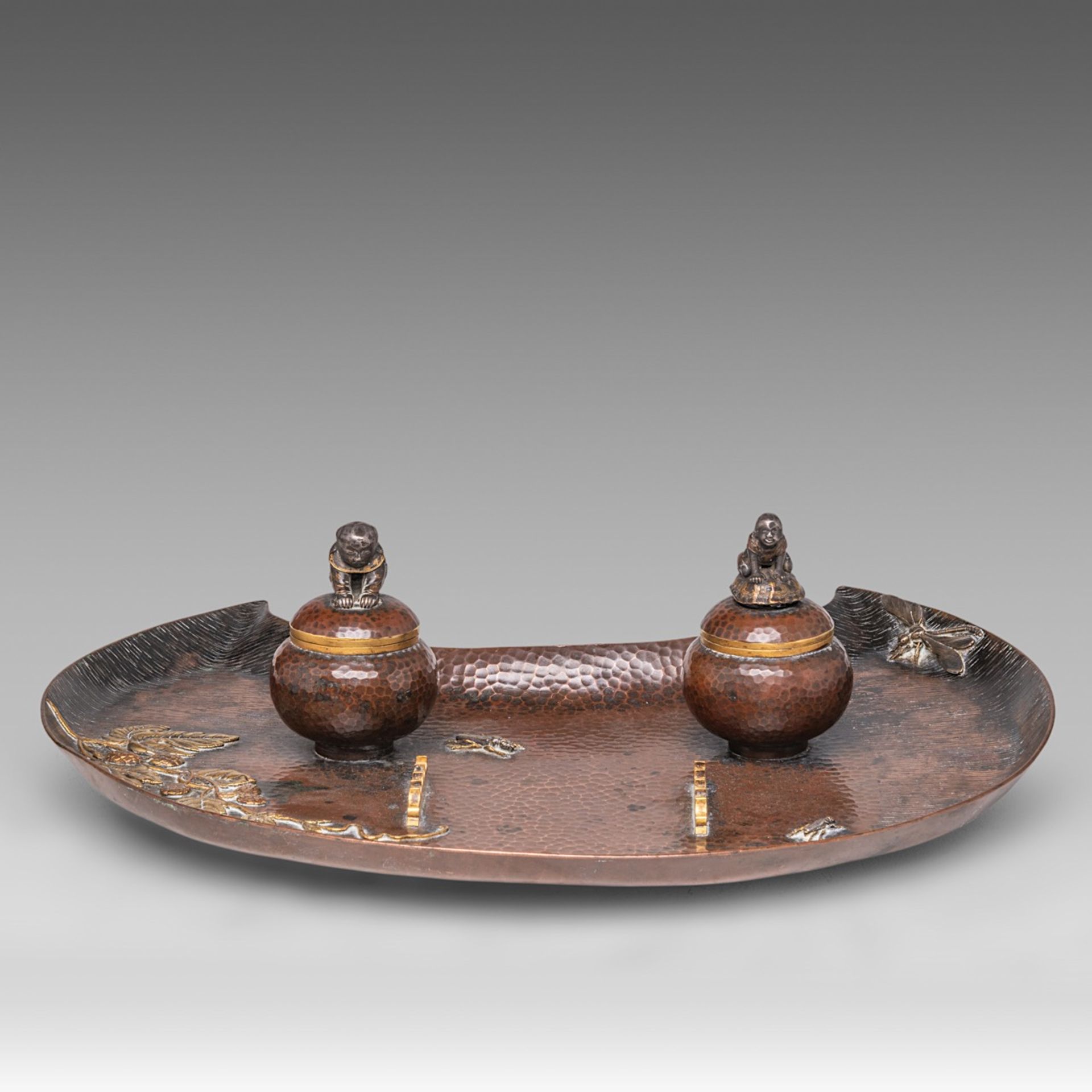 A Japanese writing set, with an inkwell, sand pot and penholder on a bronze crescent shaped-plate, M - Image 2 of 9